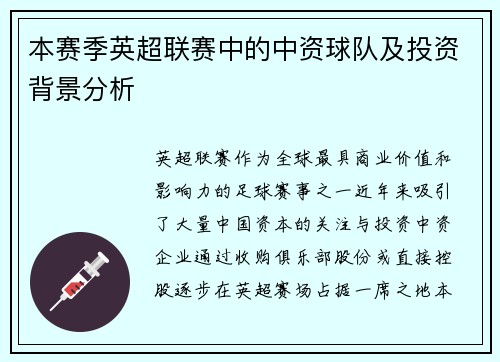 本赛季英超联赛中的中资球队及投资背景分析