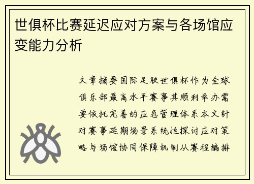 世俱杯比赛延迟应对方案与各场馆应变能力分析