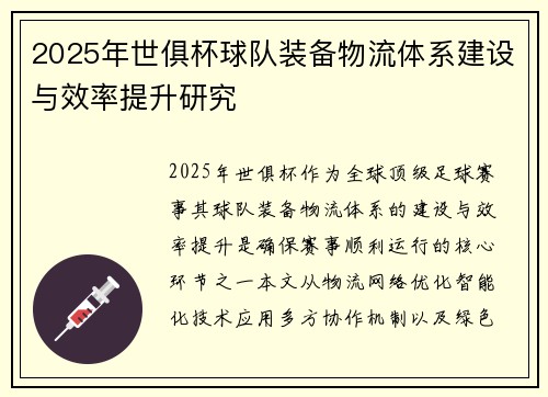 2025年世俱杯球队装备物流体系建设与效率提升研究